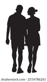 Silhouette of couple talking and walking away. Back view. Wear mini dress and shorts in summer season. Isolated on white background. 