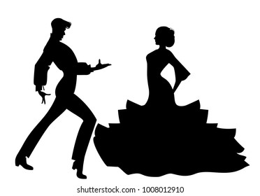 Silhouette of couple of typical Spanish flamenco dancers. 