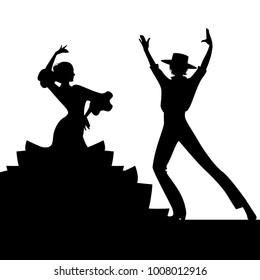 Silhouette of couple of typical Spanish flamenco dancers. Elegant man with typical Spanish hat