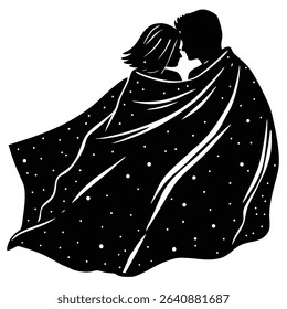Silhouette couple under blanket isolated on white background