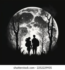 silhouette of a couple under a full moon