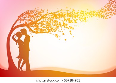 The Silhouette couple under three of love with heart on pink background vector illustration eps 10