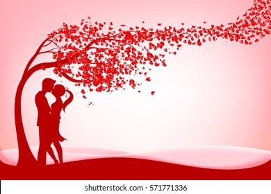 The Silhouette couple under three of love with heart on pink background vector illustration eps 10