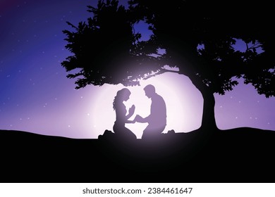 Silhouette of a Couple Under a Tree Against a Purple Sky