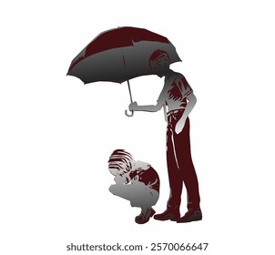 Silhouette of a Couple under an Umbrella: A couple sitting together under an umbrella, depicting a romantic and loving atmosphere.