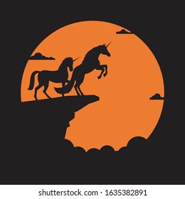Silhouette couple unicorn horse on cliff with sunset background, Symbol of achievement, Concept of love, Vector illustration flat