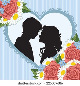 Silhouette of couple in vintage heart frame with roses. Vector illustration 