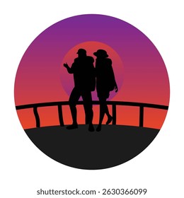Silhouette of a couple walking along a hiking trail during a beautiful sunset with bright red and orange hues. couple hiking adventure concept.