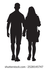 Silhouette of couple walking away. Back view. Man in shorts and woman in mini skirt. Black and white vector illustration.