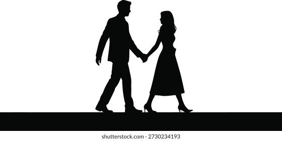Silhueta de um casal caminhando de mãos dadas, com um homem e uma mulher dando um passeio contra um pano de fundo branco minimalista.