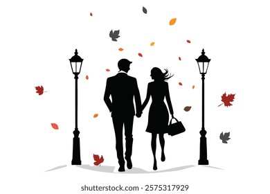 Silhouette of a Couple Walking Hand in Hand Under the Beautiful Sunset Sky, Romantic Evening Stroll, Love and Togetherness Concept, Peaceful Nature Scene with Warm Orange Glow