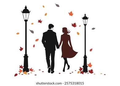 Silhouette of a Couple Walking Hand in Hand Under the Beautiful Sunset Sky, Romantic Evening Stroll, Love and Togetherness Concept, Peaceful Nature Scene with Warm Orange Glow