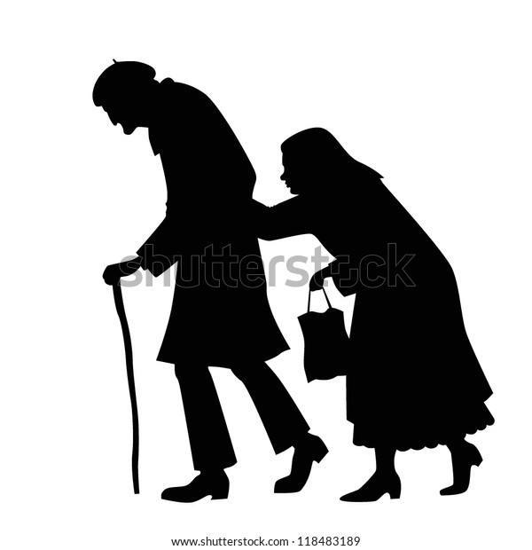 Silhouette Couple Walking Old Man Cane Stock Vector Royalty Free 118483189