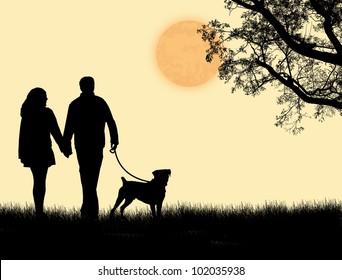 Silhouette of a couple walking their dog on sunset, vector illustration