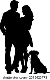 Silhouette of a couple walking their dog, vector illustration isolated on white background. family with dog