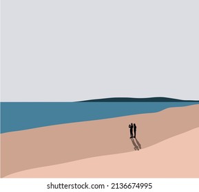 Silhouette couple walking together on beach. Vector illustration. Panoramic wallpaper with seascape.