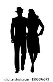 Silhouette of couple walking, wearing retro style clothes, isolated on white background