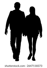 Silhouette of couple walking. Woman wear mini skirt. Front view. Black vector illustration isolated on white background.
