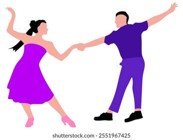 Silhouette of couple wearing retro clothes dancing rock, rockabilly, swing or Lindy hop isolated on white background