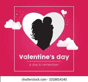 Silhouette couples having kiss surrounded with clouds and hearts, Valentine's Day