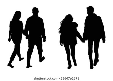 Silhouette of couples holding hand, men and women holding hands. Vector illustrations.	