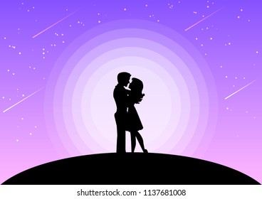 Silhouette couples together in stars and meteor background. Vector wallpaper.