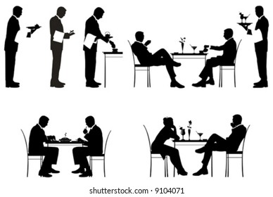 Silhouette of couples and a waiters. Vector illustration.