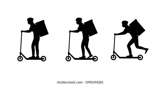 Silhouette of a courier in a helmet with a backpack on a scooter. Set of images of a delivery man on a scooter in motion. Modern express delivery in the city. Logo, icon, flat vector illustration