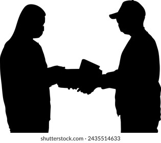 Silhouette courier service and delivery man carrying box vector