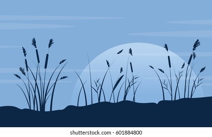 Silhouette of course grass with moon landscape