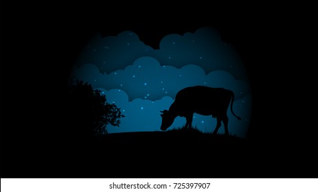 Silhouette of a cow against a background of the night sky. Farm illustration.
