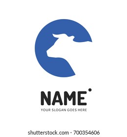 Silhouette of a cow in a blue circle. Vector logo design. Business concept icon.