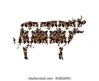 Silhouette of cow with bouquet of flowers (roses and cornflowers) using traditional Ukrainian embroidery elements. Sepia. 