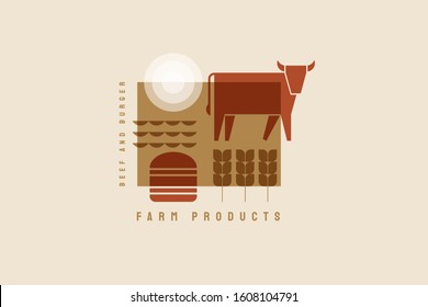 Silhouette of a cow, burger, ears of corn. The fresh farm produces a concept. Vector illustration on a light background.