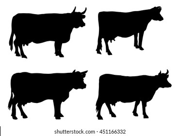 Silhouette of a cow. Cattle. Circuit. Farm. Bull. Black and white drawing by hand. Set.