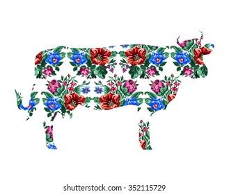 Silhouette of cow with color bouquet of wildflowers (lilia, bellflower, barberry flower and cornflowers)  using traditional Ukrainian embroidery elements. 