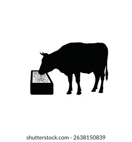 Silhouette: Cow Drinking Water from Trough  Farm Scene