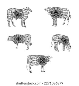 Silhouette of cow with king`s circular ornament.