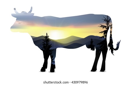 Silhouette of cow with nature landscape of mountains.  Sunrise.  Protect environment banner. Nutrition logo.  