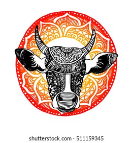 Silhouette of a cow with patterns and ethnic ornaments, ornaments of ancient tribes and peoples of India.