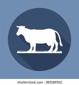 Silhouette of cow. Round flat vector icon  with long shadow. EPS 10.
