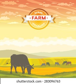 Silhouette of cow and rural landscape on a sunset sky. Vector of fresh farm products. 