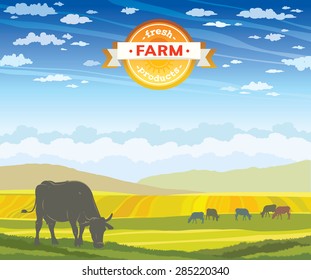 Silhouette of cow and rural landscape on a cloudy blue sky. Vector of fresh farm products.