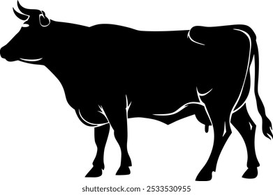 A silhouette of a cow standing in a side on white background