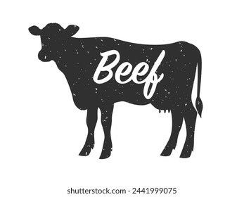 Silhouette einer Kuh mit Text Rindfleisch, Seitenansicht. Vektor-Illustration isoliert auf weißem Hintergrund