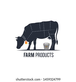 Silhouette of a cow. Vector flat illustration on white background. Logo for organic farm products.