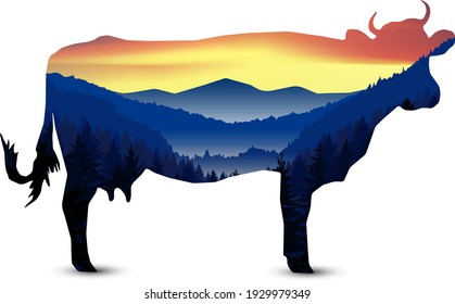 Silhouette of cow. Wild terrain. Double exposure.