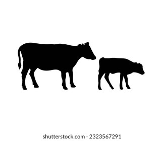 Silhouette of cow and young calf. Domestic cattle in a farm. Mammal animal logo. Vector illustration in simple black style. Beef meat and milk symbol