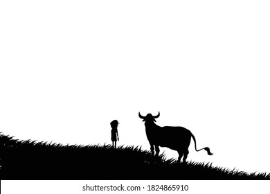 Silhouette of a cowboy with a big cow or bull in the meadow isolated on white background.