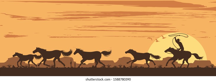 Silhouette of a cowboy chasing wild horses in desert, Vector
